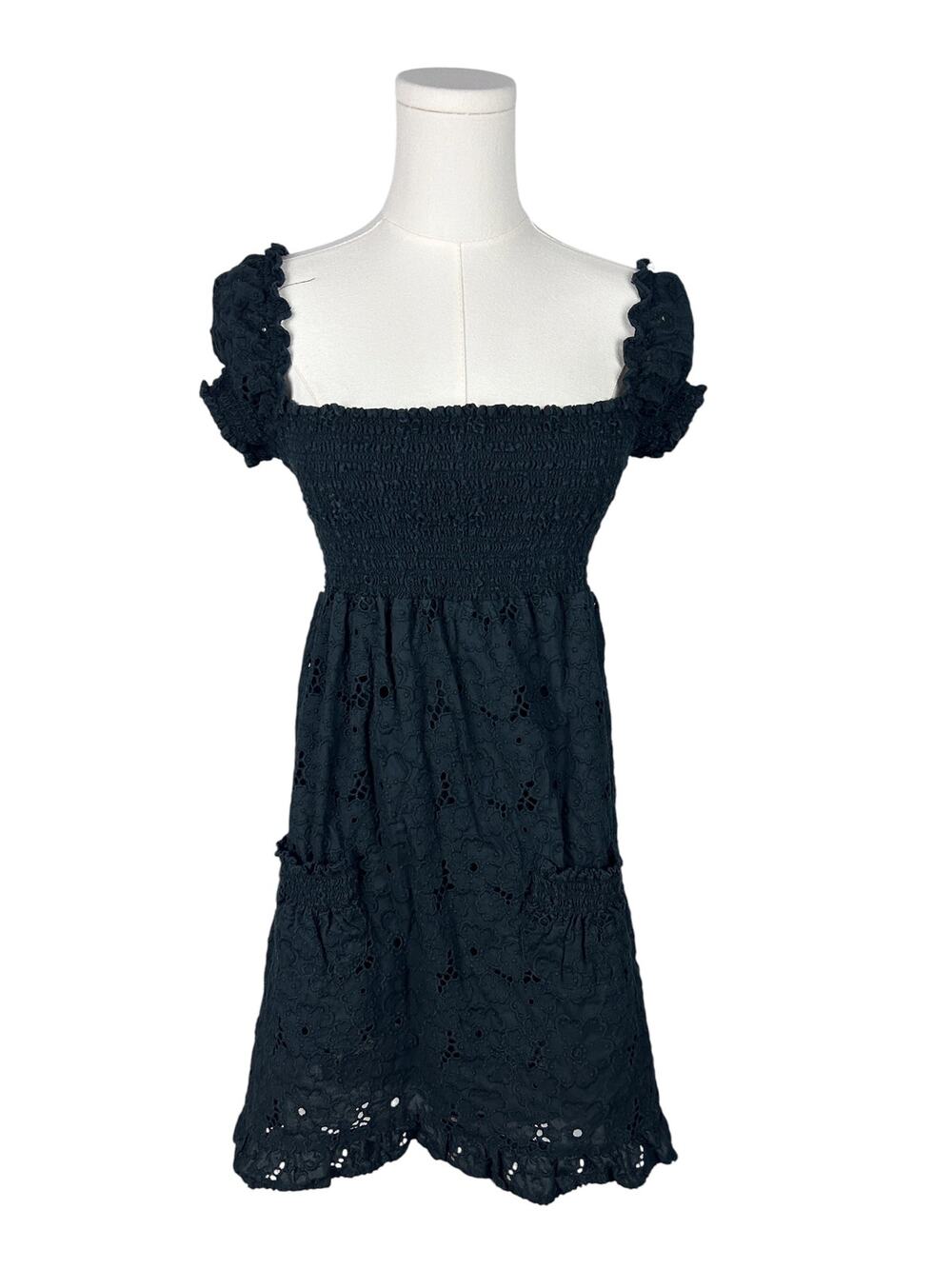 Juicy Couture Vintage Black Eyelet Lace Babydoll Cap Sleeve Mini Dress 2 XS
